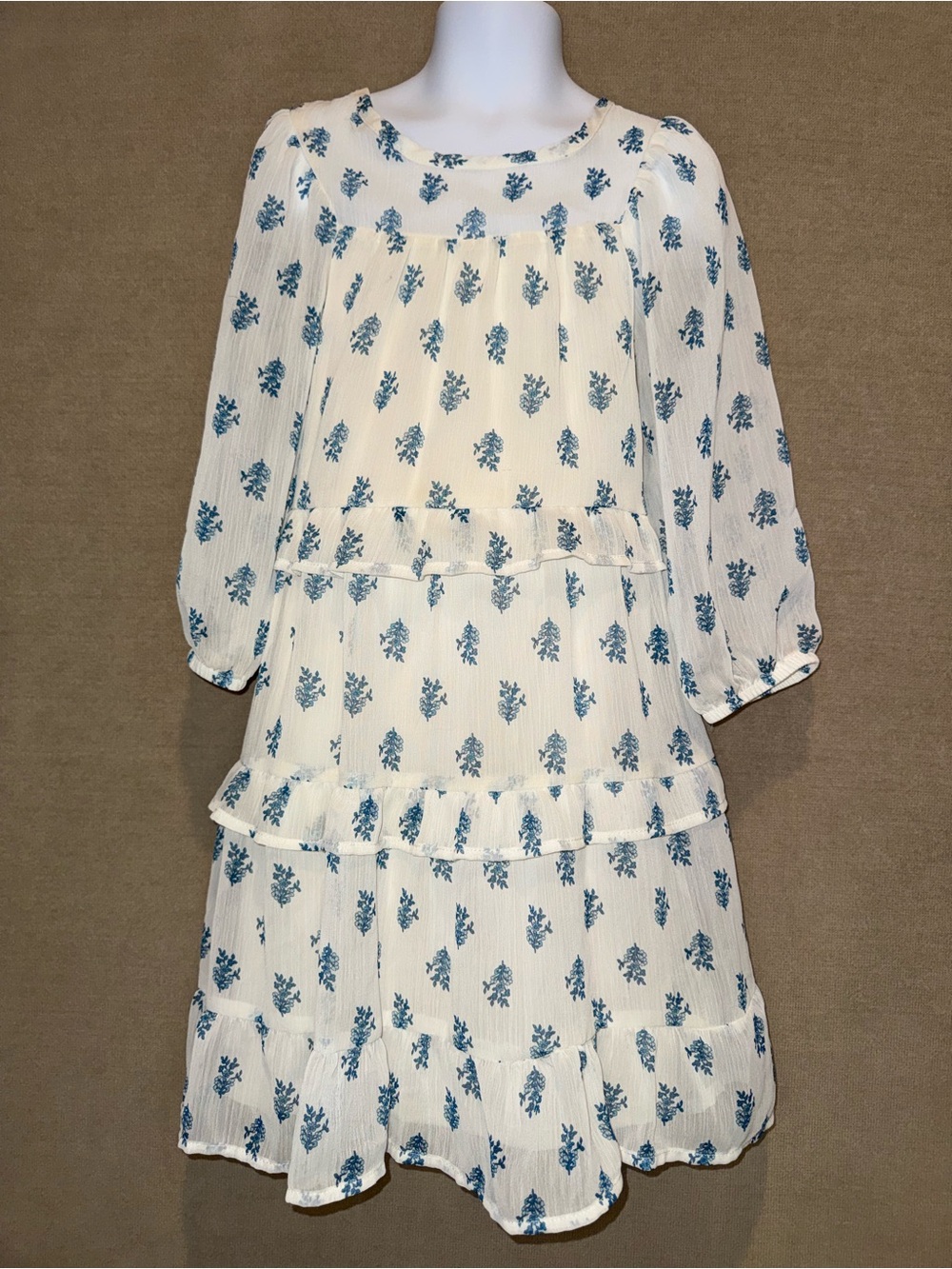 Girls Cream Ivory Blue Floral Boho Chiffon Long Sleeve Tiered Dress